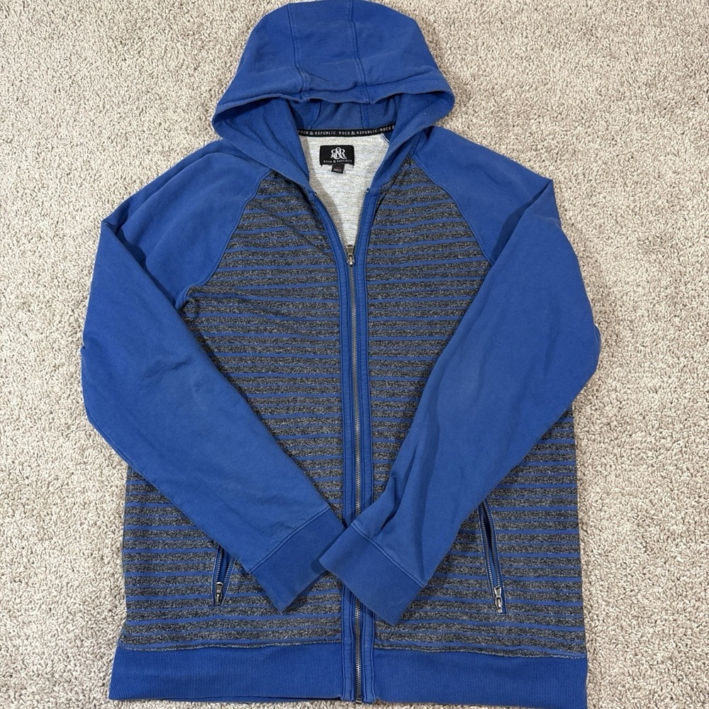 Rock & Republic Men's Full Zip Hoodie Jacket Blue Gray XL Cotton Blend EUC